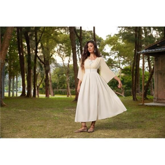 Women Bell Sleeve Fairy Dresses Split Maxi Apricot - Picture 5 of 7